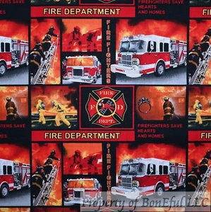 BonEful Fabric FQ Cotton Quilt Red Fire Truck Rescue Block EMS Print Hero 911 UK - Picture 1 of 12