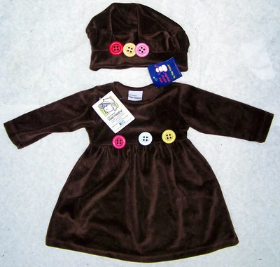 NUEVO CON ETIQUETAS SOLAPA FELIZ VESTIDO DE TERCIOPELO MARRÓN CHOCOLATE con BOTONES 18 meses y BOINA DE BOTÓN XL Foto 1 de 4