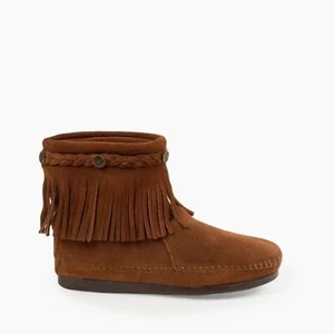 Minnetonka Women Tan Brown Suede Leather High Top Fringe Back Zipper Boots sz 9 - Picture 1 of 9
