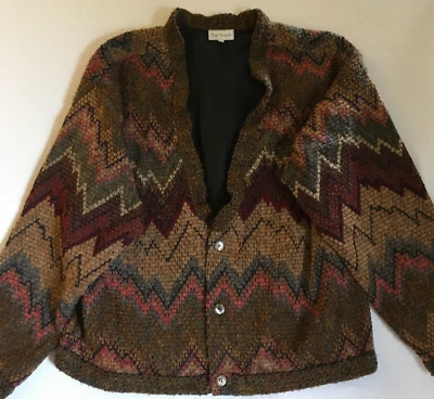 Bachrach Men's Brown Multicolor Geometric Lined Cardigan L/S Sweater Large L USA - Image 1 of 4
