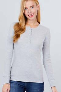 Women's Long Sleeve Henley Thermal Shirt Soft Top (Heather Grey)