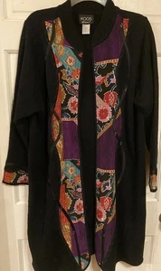 Koos of Course Art To Wear Appliqué Duster Cardigan~Silk Blend~Black~Womens 1X - Picture 1 of 7