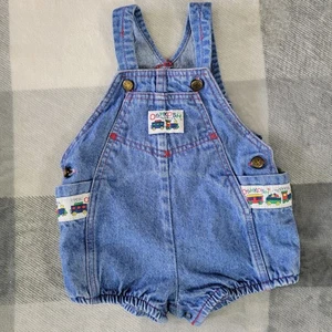 Vintage Oshkosh B'Gosh Denim Bubble Romper Boys Trains 24 Month Made In USA  - Picture 1 of 9