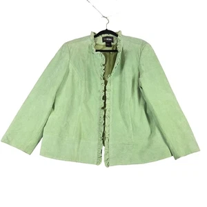 Brandon Thomas Womens 14/16 Suede Leather Jacket Green Open Front Ruffle - Picture 1 of 10