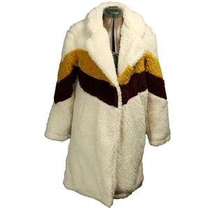 Love Tree Faux Fur Sherpa Fleece Colorblock Stripes Lined Coat Pockets Ivory S - Picture 1 of 24