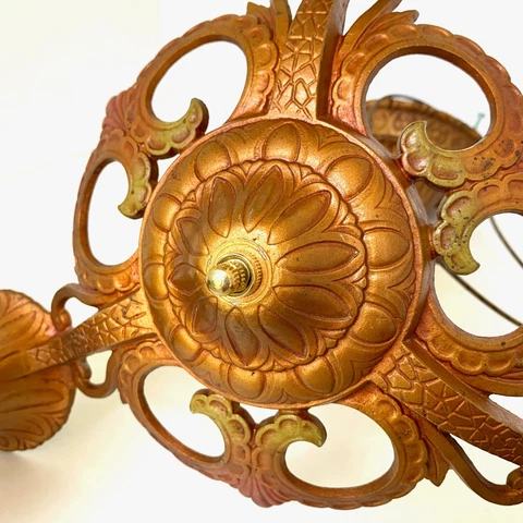 Antique Arts and Crafts Chandelier Original Finish One Owner Rewired 3 Light Cover