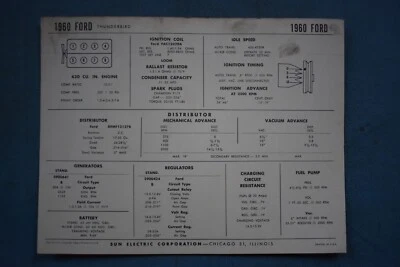 Ford V8 430 Thunderbird 1960 tabla de afinación manual de servicio solar eléctrico Foto 1 de 4