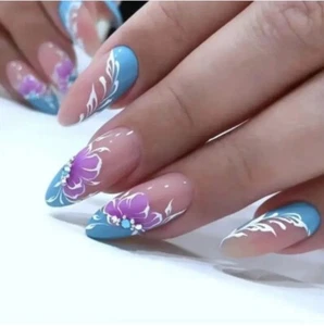 24pcs M Almond Blue Purple Flower Rhinestone Fake False Nail Press On Nails Glue - Picture 1 of 9