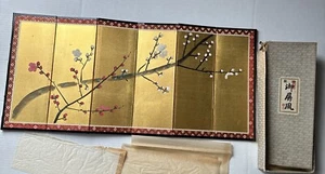 Kyugetsy Doll Cherry Blossom Gold Painted Silk 4 Panels Wood Panels Screen - Picture 1 of 21