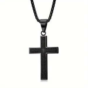 Black Titanium Stainless Steel Cross Necklace with Lord's Prayer Engraving - Picture 1 of 18