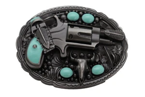 Pistola revólver de metal con hebilla occidental para hombre pluma toro azul turquesa - Imagen 1 de 7