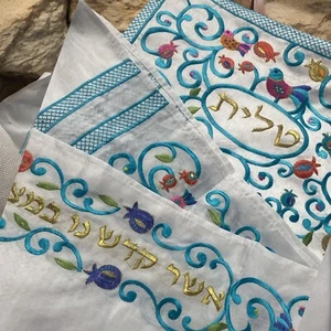 Talit Mujer Tallis Talit Hermoso AZUL con Flores + Bolso Diferente Elegante - Imagen 1 de 16