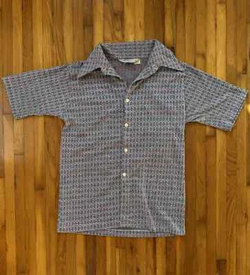 VINTAGE 70s/80s Forge LDT Knitted Collared Shirt Size L Blue/Red Button Down  - Image 1 of 4