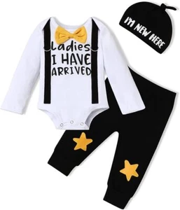 Funny Newborn Baby Boy Organic Cotton Romper Long Sleeve Romper + Pants + Hat UK - Picture 1 of 6