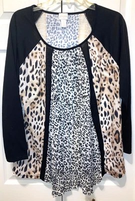 NEW Chico's Woman's Black Tan Animal Print Soft Tunic Top Pleated Sz 2 Or L - Image 1 of 4