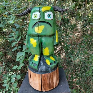 Kettensäge Schnitzerei Zwillinge Monster 19" groß grün zwei Gesichter Grimlin Troll Holzkunst - Bild 1 von 23