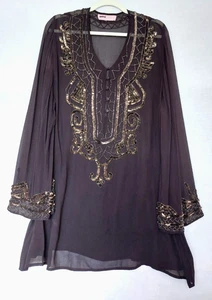 ANNA SCHOLZ 20/22 Black & Gold 100% Silk Sequin Side Slits Evening Tunic - Picture 1 of 10