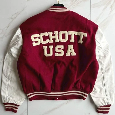 SCHOTT USA Big Logo Sleeve Leather Varsity Jacket Red White Mens XL Bomber Japan - Image 1 of 4
