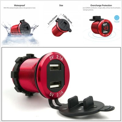 Red 12V Dual USB 4.2A Car Cigarette Lighter Charger Socket LED Digital Voltmeter - Image 1 of 4