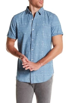 NEW MENS SOVEREIGN CODE LA ABSTRACT PRINT INDIGO BLUE BUTTON FRONT SHIRT XL - Image 1 of 3