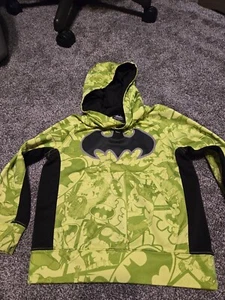 Batman All Over Logo Florescent Green Hoodie w Pockets Boys Size Xtra Small 4/5 - Picture 1 of 8