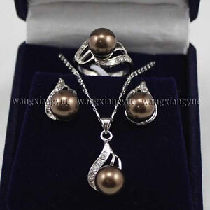 Fashion Jewelry Chocolate Shell Pearl Earrings Ring & Pendant Necklace Set