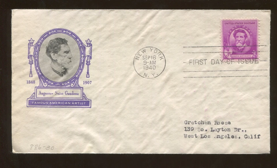 Famous American Artist Augustus Saint Gaudens 1940 New York FDC US Stamp #886 - Image 1 of 1