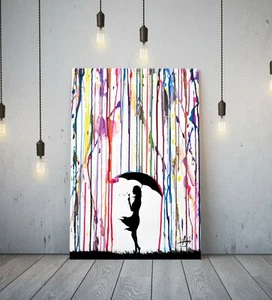 BANKSY COLOURED RAIN GIRL UMBRELLA - DEEP FRAMED CANVAS WALL ART GRAFFITI PRINT - Picture 1 of 8