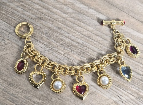 Bracciale Vintage Givenchy Gripoix Stile Etrusco Charm Cuore Cristallo Toggle Anni 80