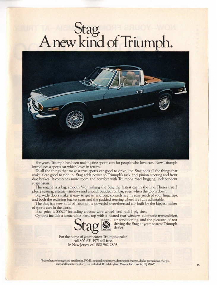 1971 Triumph Stag V8 Sports Car Vintage Print Ad "A New Kind Of Triumph" 1970s - Image 1 of 1