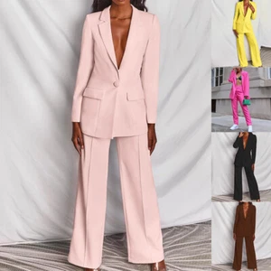 Women's 2 Piece Blazer Suit OL Ladies Outfit Long Sleeve Button Coat Long Pants - Picture 1 of 34
