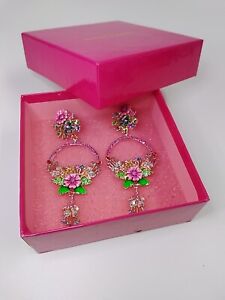 Butler Wilson Earrings Elaborate Crystal Flowers Drop Pink unworn     w13
