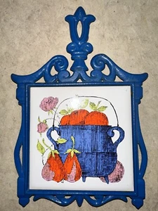 Vintage Blue Cast Iron TILE Trivet Pot Holder JAPAN Kettle Of Fruit - Picture 1 of 6