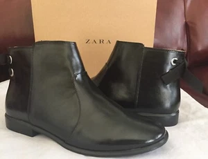 Zara Chelsea Black Leather Ankle Boots Low Heel Comfortable Zip Up Size 38 - Picture 1 of 11