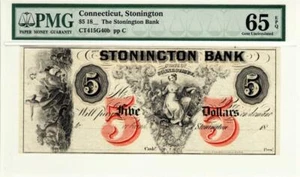 $5 1800's Connecticut the Stonington Bank- PMG 65 GEM UNCIRCULATED- RARE NOTE! - Picture 1 of 11