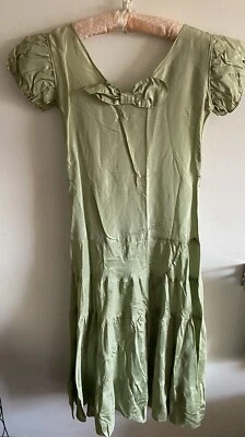 Vintage Handmade Dress Celery Green Satin Pleats, Bow Maxi Puffed Sleeves Repair - Image 1 of 4