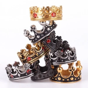 Stainless Steel Crown Ring Size Men CZ Mens King Black Gold Silver Band 7-13 - Picture 1 of 14