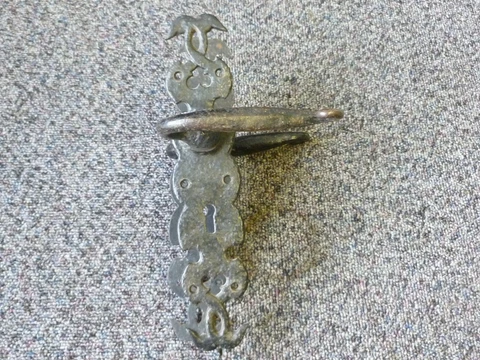 Pair Vintage Hand Wrought Iron Door Handles with Keyhole Back Plates Cover