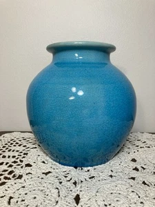 Pisgah Forest Turquoise Blue & White Crackle Glaze Jar Vase 8" x 8" 1930's - Bild 1 von 11