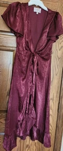 Audrey Parks Francesca’s Wrap Dress S Wrap Burgundy Ruffle Satin Flutter - Picture 1 of 7