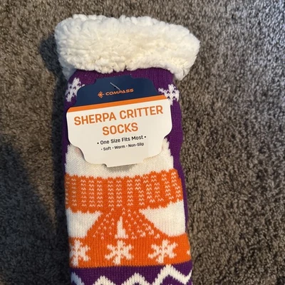 Compass Adult Orange Purple Sherpa Lined Themed Non Slip Socks One Size NWT  - Image 1 of 4