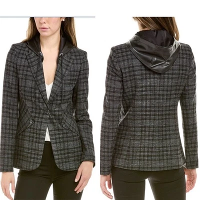 ELIE TAHARI Gray Black Plaid Blazer Size 6 Detachable Hood Office Academia - Image 1 of 4