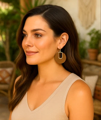 J. Jill Round Wood Earrings Gold Tone Drop Dangle Brown Neutral Boho Earthy NWT - Image 1 of 4