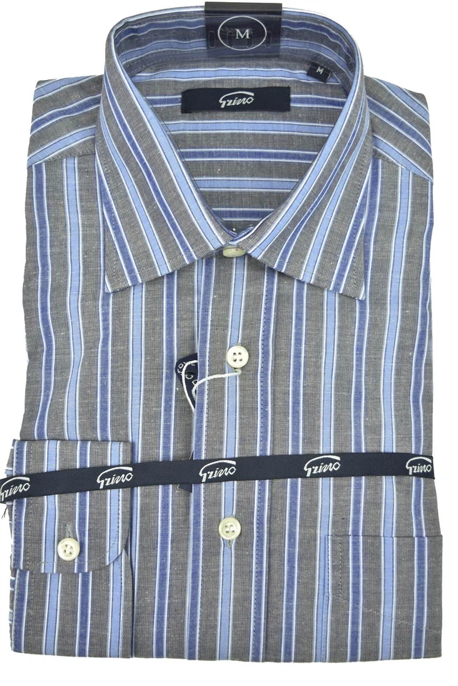 Camicia Uomo Righe Larghe Grigio Azzurro Collo Francese - Immagine 1 di 1