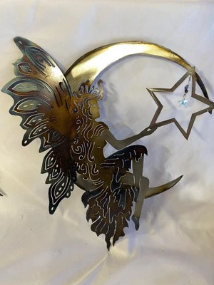 Metal Art Fairy Sitting on Moon Star Crystals Handmade signed  15”X12” - Image 1 of 4