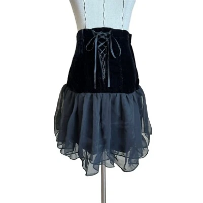 Vintage 80s 90s Contempo Casuals Black Velvet Lace Up Corset Chiffon Mini Skirt - Image 1 of 4