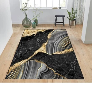 Marmorteppich, Wohnzimmerteppich, schwarz grau goldfarbener Marmorteppich, Musterteppich, Designkunst - Bild 1 von 11