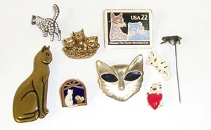 Estate Lot of Vintage Cat Themed Jewelry Pins Brooches & Stick Pin - Picture 1 of 3