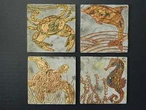 Sealife Copper Impressions 4 Coasters Big Sky Shore Crab Turtle Dolphin Seahorse - Picture 1 of 1