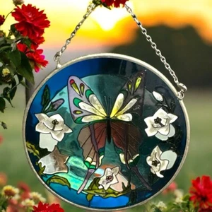 Butterfly Stained Glass Suncatcher Round Floral 4 in Chained Hanger - Picture 1 of 4